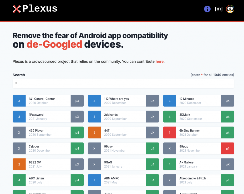 Ein Screenshot der Website Plexus, die anzeigt, welche Apps kompatibel mit freien Android Versionen sind