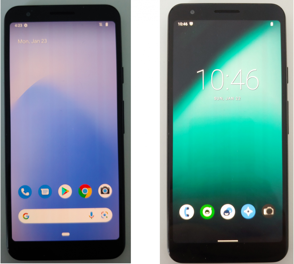 Eine Gegenüberstellung von zwei Smartphones, eins mit Google Android und das andere mit Lineage OS 19.1