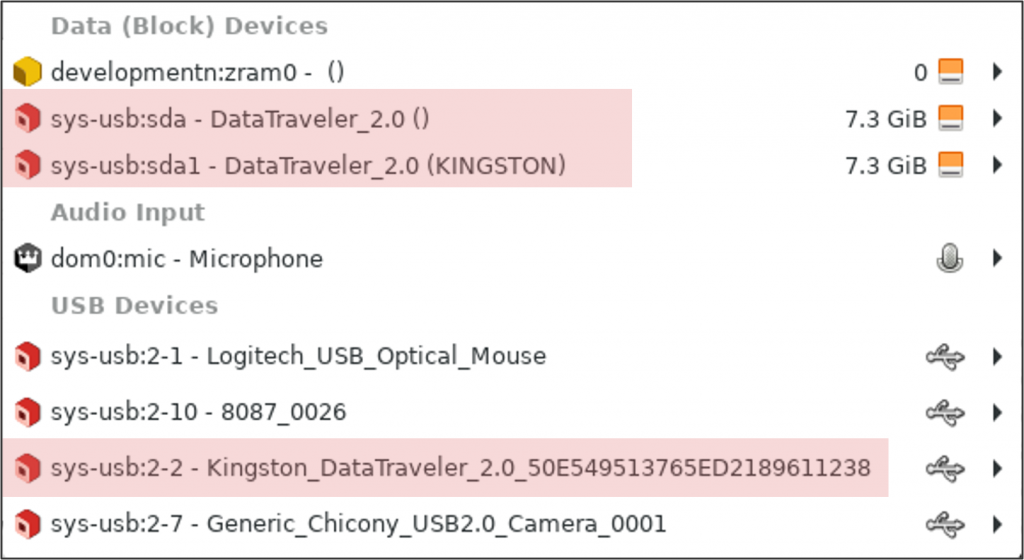 A list of devices is seen, they are named sys-usb:sda - Data Traveler_2.0 (), sys_usb:2-1 - Logitech_USB_Optical_Mouse and so on. Some devices appear twice.