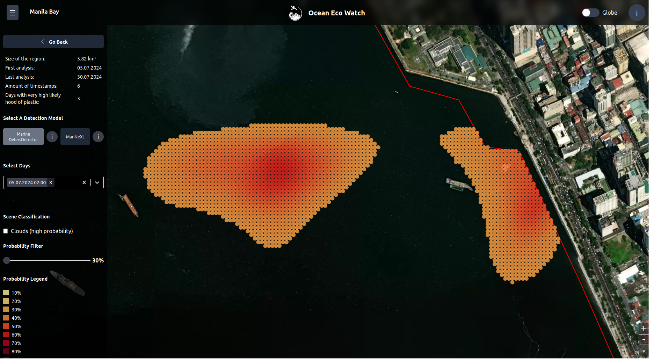 Screenshot eines Satellitenbilds, darauf ist Meer zu sehen. Im Meer "schwimmen" gelbe bis röätliche Graphiken, eine Art Heat-Map