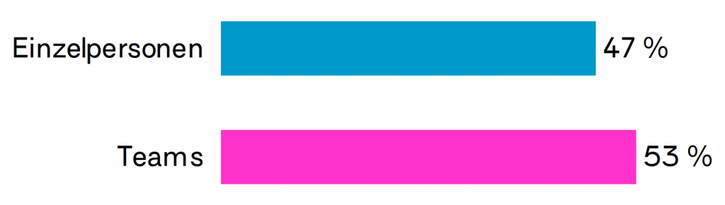 Balkendiagramm, das den Anteil an Teams und Einzelpersonen unter Geförderten anzeigt. Einzelpersonen machen 47% aus, Teams 53%.